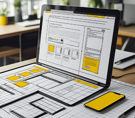 Laptop, mobile phone, and paper mockups displaying wireframe layouts for website design, showcasing digital and hand-drawn web page structures in a workspace setting.